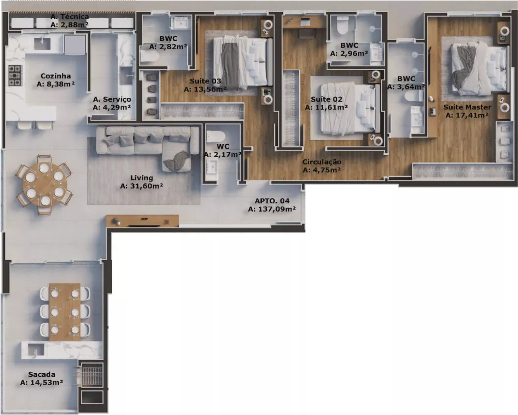 Planta de 3 quartos de 137,09m - Unic Residence, da Construtora Zimmermann