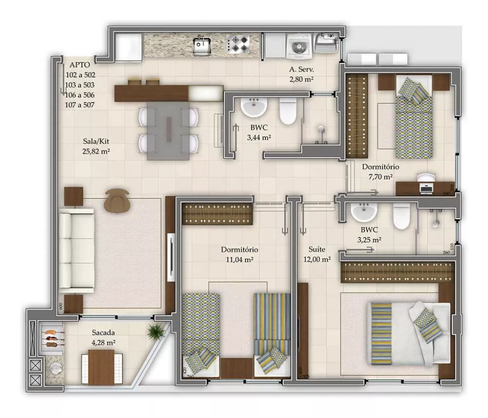 Planta 03 - 3 dorm 78,47m² do Quebec Residence