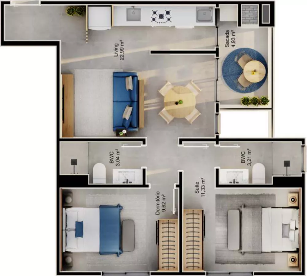 Planta do apartamento de 63,26m² do Jardim do Cacupé