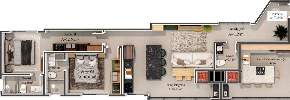 Planta do apartamento de 70m² do Mônaco