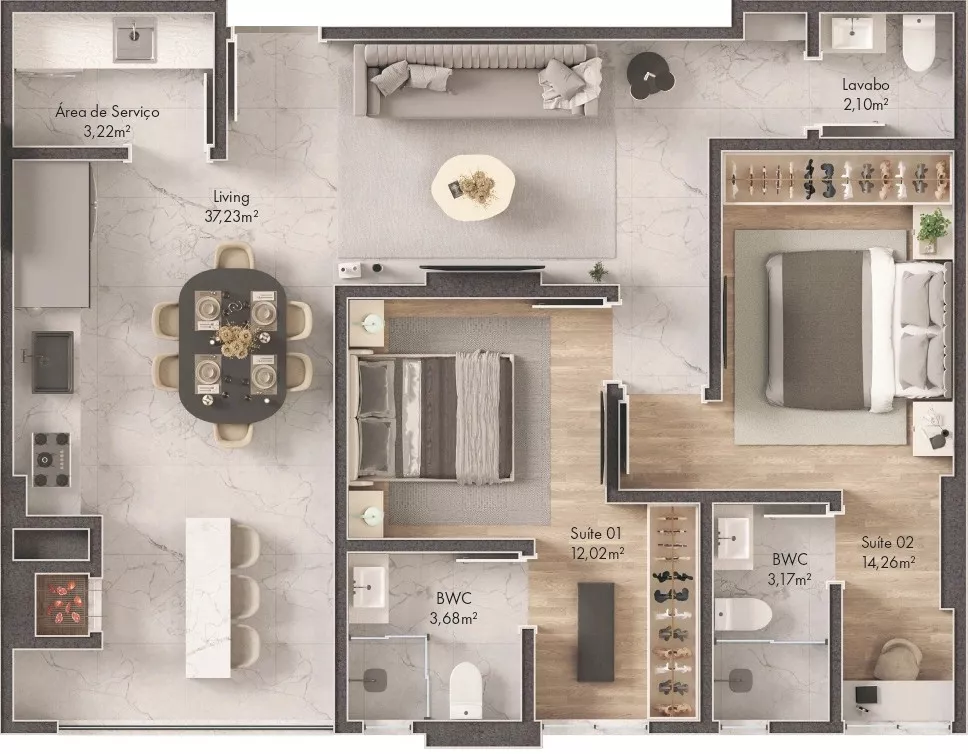 Planta do apartamento de 85m² do Duomo di Trento