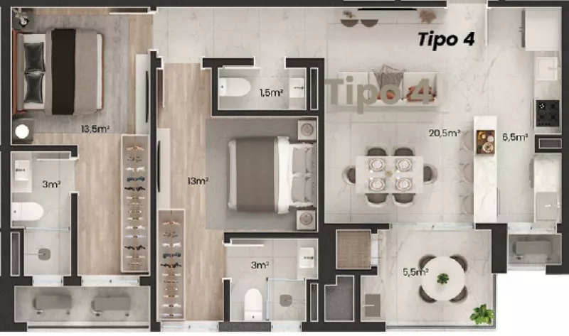 Planta do apartamento de 80m² do Jardim Moliere