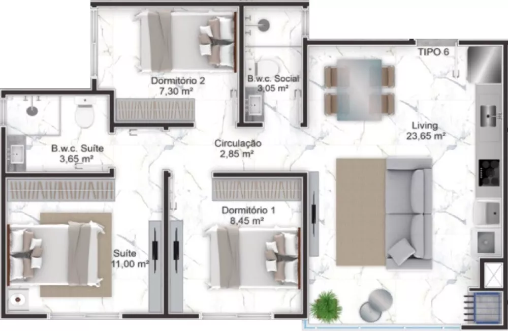 Planta do apartamento de 68m² do Solar de Ártemis