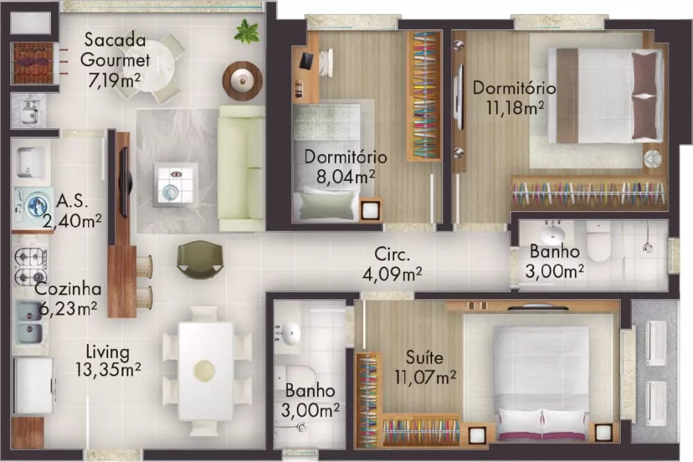 Planta de 83,50m² do AP Towers Porto Belo Torre 5