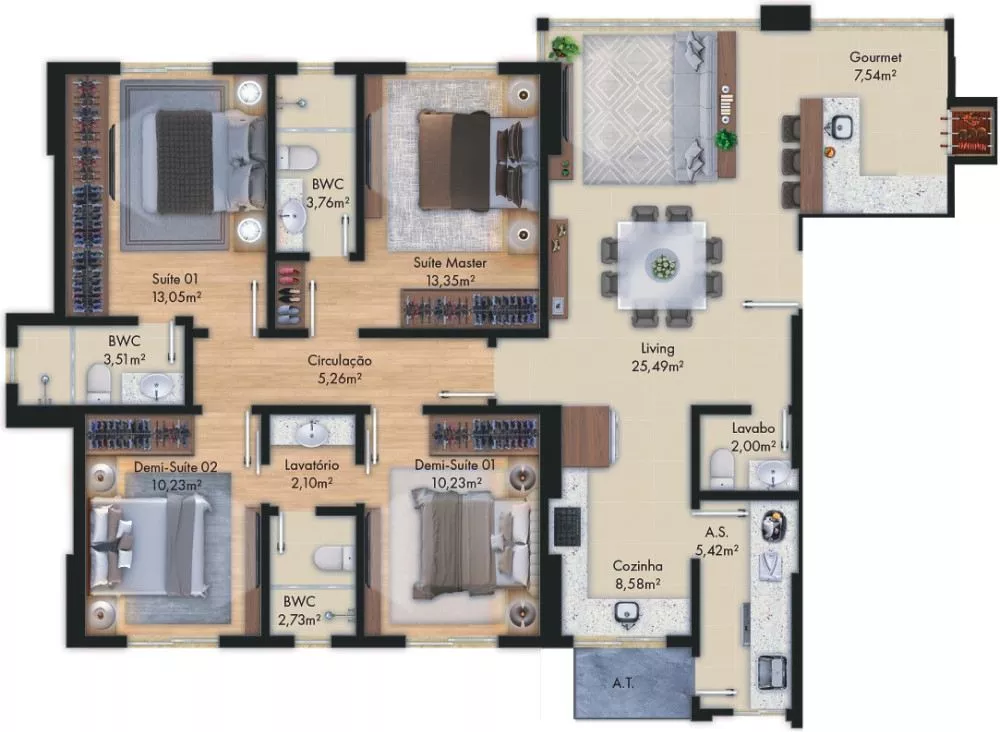 Planta do apartamento de 130m² do Torino Residence