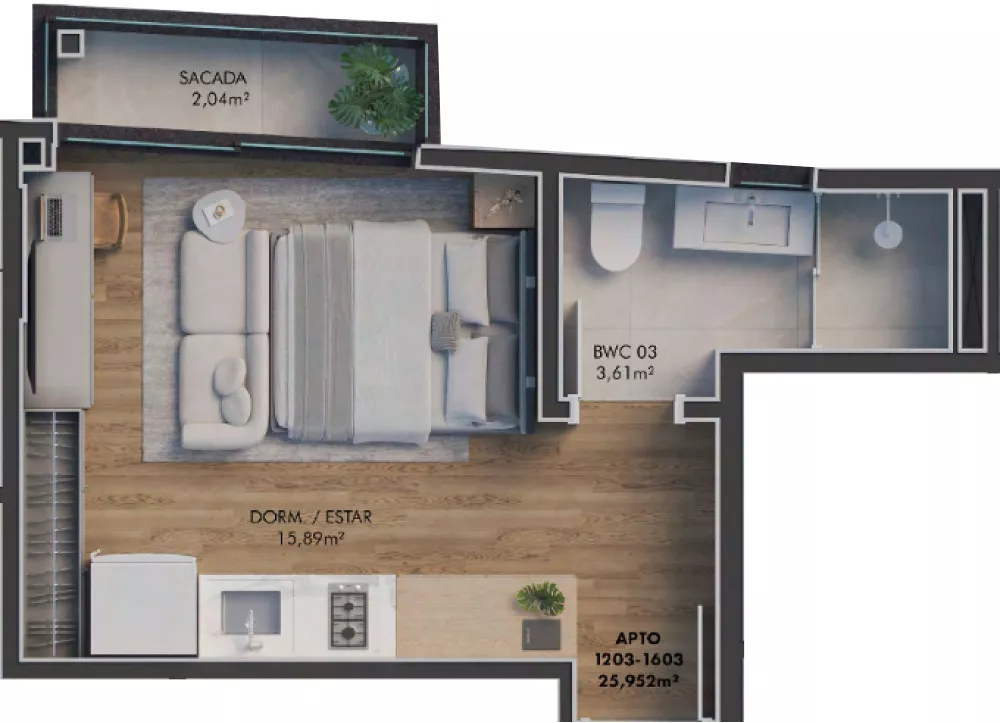 Planta do apartamento de 25m² do FLNStudios